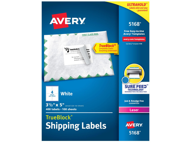 Printable Shipping Labels with Sure Feed, 3-1/2' x 5', White, 400 Blank Mailing Labels for Laser Printers (5168)