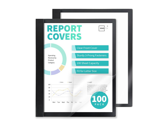 Heavy-Duty Report Covers with 3 Prongs, 100-Sheet Capacity, Black, 100 Pack Plastic Report Folders with Back Covers, 3-Prong Metal Fasteners, 8.5 x...