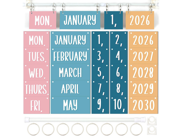 Boho Flip Calendar for Classroom Decor Bulletin Board 2026 to 2030 Years Date Cards and Adjustable Rod Boho Rainbow Calendar Chart Class Whiteboard...