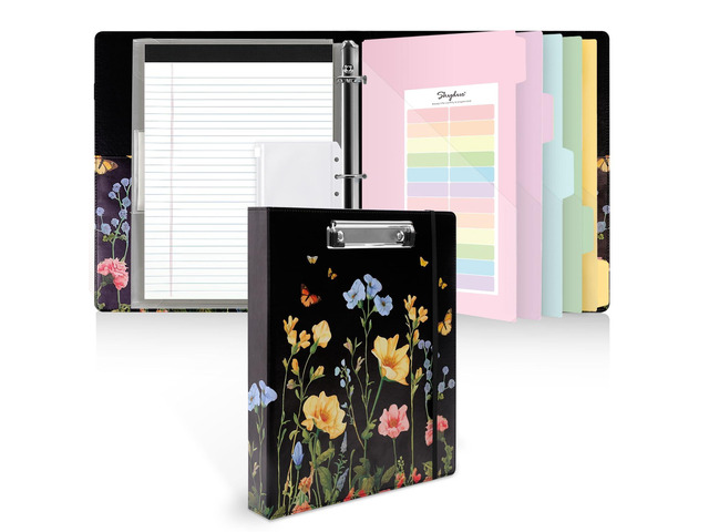 1 Inch 3-Ring Binder with Clipboard, PU Aesthetic Binder with 5 Dividers, Notepad, Stickers & Pockets for Work and School (Letter Size)