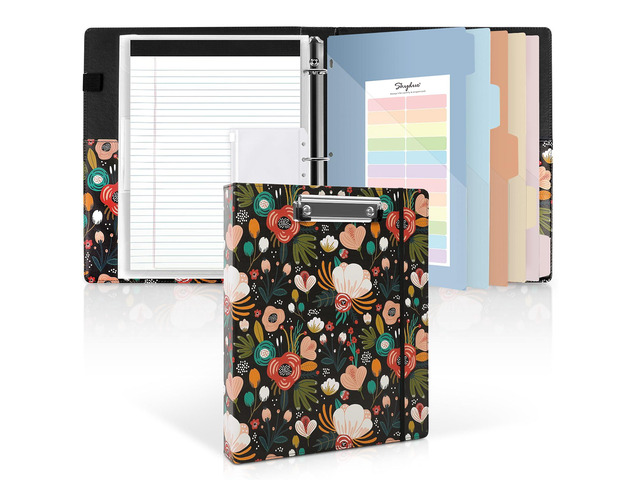1 Inch 3-Ring Binder with Clipboard, PU Binder with 5 Dividers, Notepad, Stickers & Pockets for Work and School - Aesthetic Binder (Letter Size)