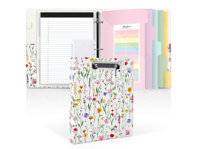 1 Inch 3-Ring Binder with Clipboard, PU Binder with 5 Dividers, Notepad, Stickers & Pockets for Work and School - Aesthetic Binder (Letter Size)