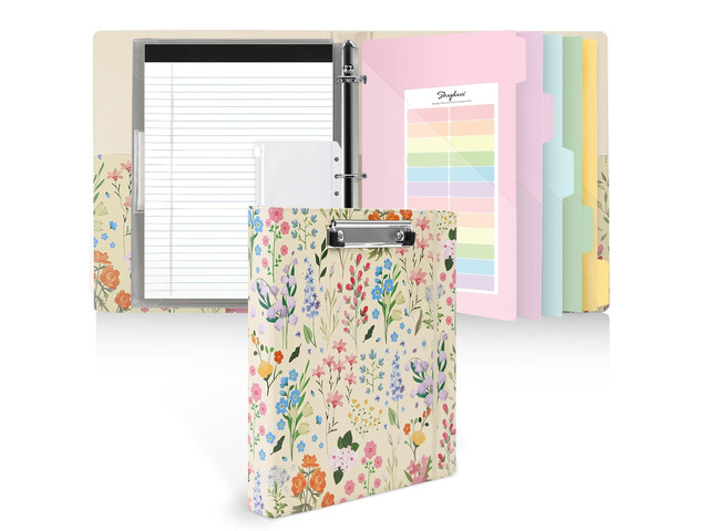 1 Inch 3-Ring Binder with Clipboard, PU Aesthetic Binder with 5 Dividers, Notepad, Stickers & Pockets for Work and School (Letter Size)