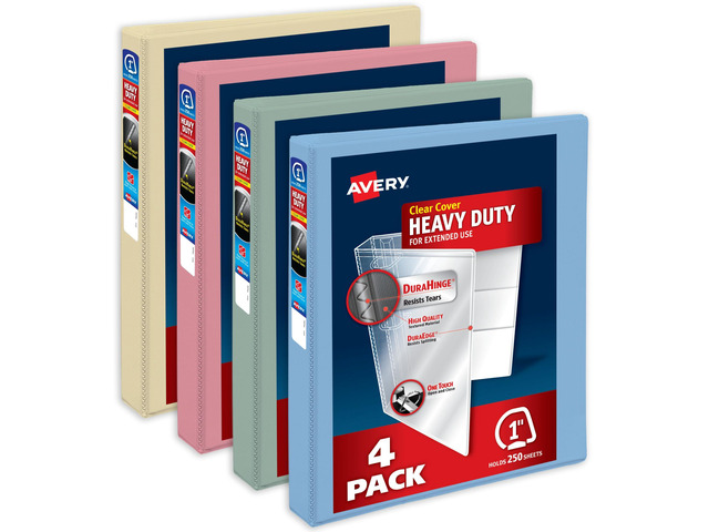 Heavy-Duty View 3 Ring Binders, 1', 4 Assorted Pastel Binders For Heavy School, Home and Office Use, DuraHinge Tear-Resistant Spine, DuraEdge...