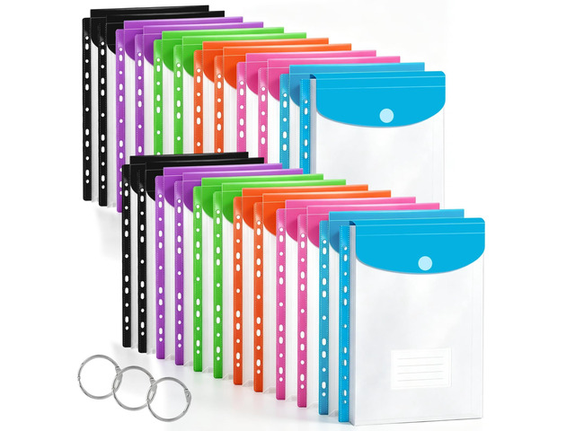 24 Pack Binder Folders with Pockets 11 Holes Expandable Dividers for 2/3/4 Ring Document Pouch with Label Loose-Leaf Transparent Binder Organizer...