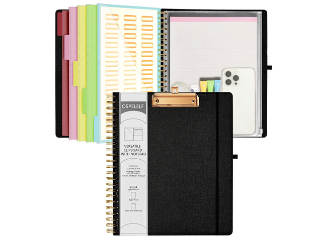 Black Foldable Spiral Clipboard Folio with Storage Zipper Pouch, 5 Plastic Folders with 10 Pockets,Refillable Lined Notepad (11' x 8.5'), Hardcover...