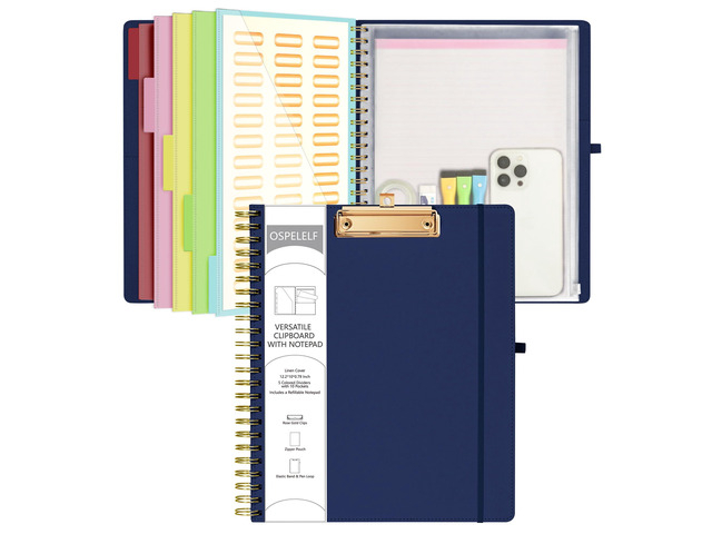 Bule Foldable Spiral Clipboard Folio with Storage Zipper Pouch, 5 Plastic Folders with 10 Pockets, Refillable Lined Notepad (11' x 8.5'), Linen...
