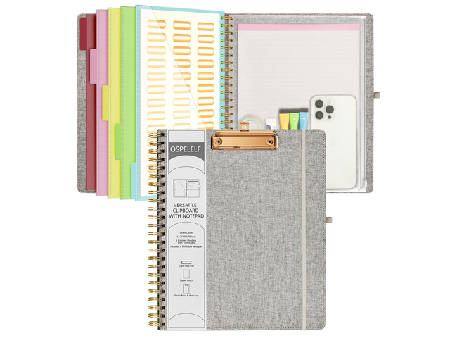 Foldable Spiral Clipboard Folio with Storage Zipper Pouch, 5 Plastic Folders with 10 Pockets,Refillable Lined Notepad (11' x 8.5'), Hardcover...