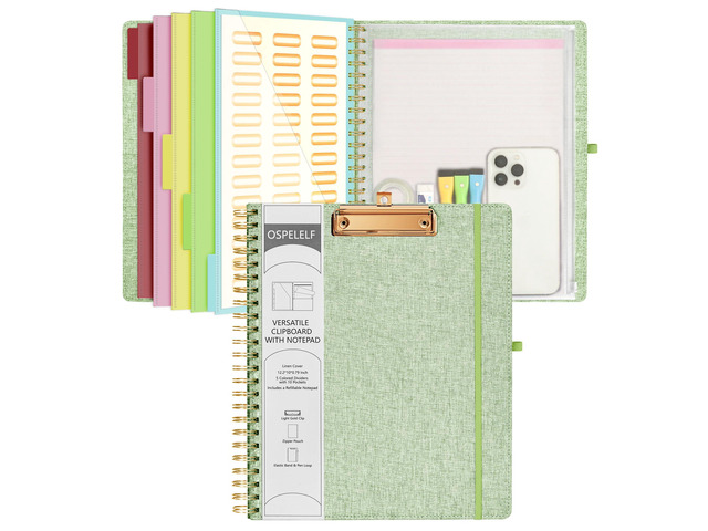 Green Foldable Spiral Clipboard Folio with Storage Zipper Pouch, 5 Plastic Folders with 10 Pockets, Refillable Lined Notepad (11' x 8.5'), Linen...