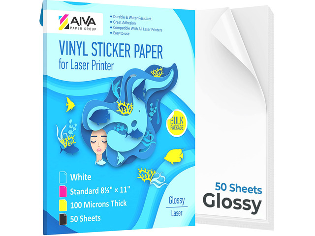 Printable Vinyl Sticker Paper for Laser Printer - Glossy White - 50 Self-Adhesive Sheets - Waterproof Decal Paper - Standard Letter Size 8.5'x11'