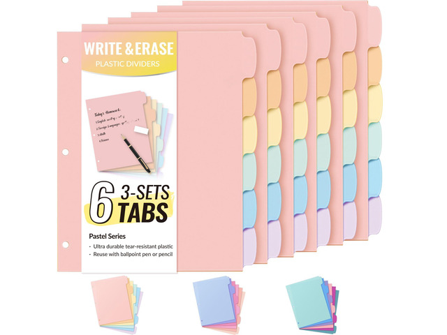 6-Tab Durable Plastic Write & Erase Big Tab Dividers for 3 Ring Binder, Aesthetic Cute Binder Dividers for Student, Teacher, Office, Home...
