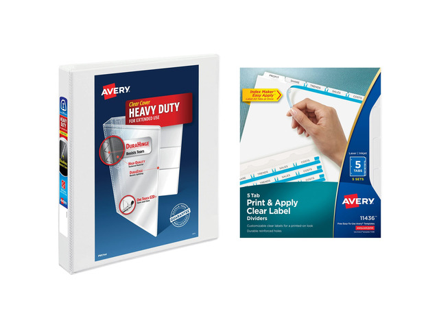 Heavy-Duty View 3 Ring Binder with 1 Inch Rings, 5 Tab Easy Print & Apply Clear Label Binder Dividers, Office Supplies Set (01687)