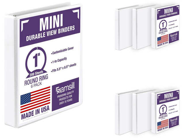Economy 1 Inch Mini 3 Ring Binder, Round Ring Binder, Holds 5.5 x 8.5 Inch Documents, Customizable Cover, 1' View, 6-Pack, White