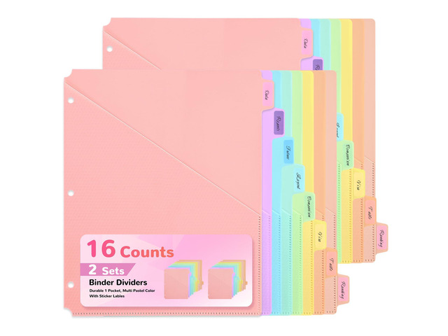 8 Tab Binder Dividers with Pockets - Heavy Duty Plastic Dividers for 3 Ring Binder, Letter Size Poly Page Separators with Tabs & Label Stickers,...