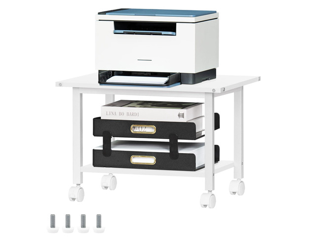 Under Desk Printer Stand, 2-Tier Industrial Rolling Printer Table White Small Mobile Printer Cart Desk for Home Office, Lockable Wheels, Open...