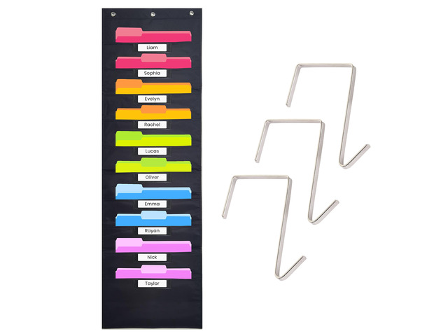 Black Pocket Chart for Classroom - 10 Pocket Storage Rainbow Pocket Charts, 3 Over Door Hangers Included, Hanging Wall File Organizer for File...