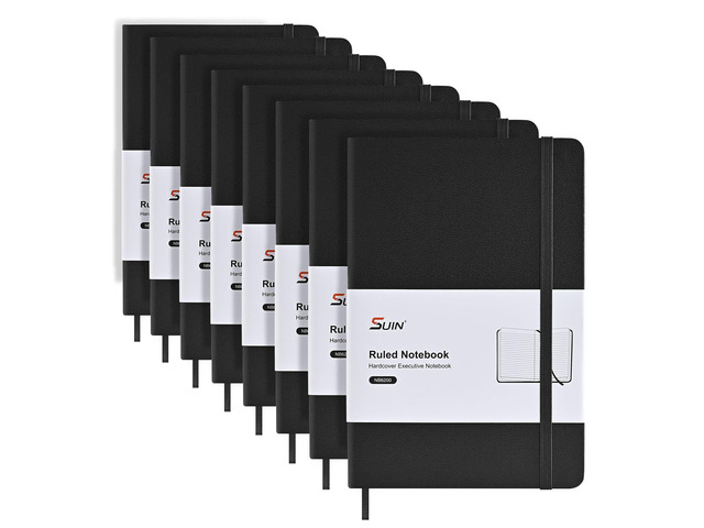 8 Pack A5 Hardcover Lined Notebooks, 160 Pages, 100 GSM, Black Clean Full-Page Rules, Smooth 100 GSM Paper, Splash-Resistant Cover, Thread-Sewn...