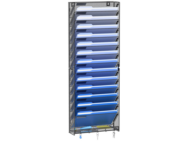 15 Tier Wall File Organizer with Hooks, Hanging Wall File Holder Wall Mount Paper Folder Organizer for Office, Magazine Rack