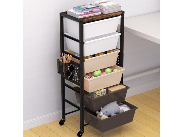 Rolling Cart with Drawers, Rolling Storage Cart with Large Plastic Drawers & Wooden Tabletop, Utility Cart with Pegboards & Basket, Storage Drawers...