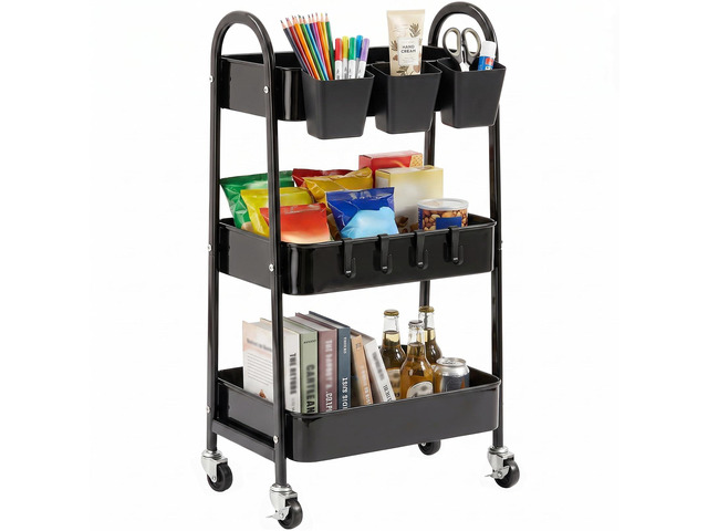 3-Tier Rolling Cart, Utility Cart Mobile Metal Rolling Storage Cart with Lockable Wheels & Hanging Cups & Hooks for Kitchen, Bathroom, Office,...