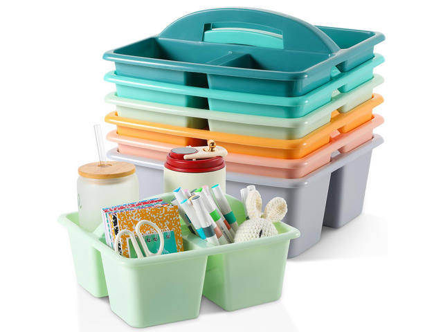 6 Pack Plastic Classroom Organizer Caddy with Handle, Morandi 3 Compartment, Portable Supply Storage Caddy, Craft Art Caddies for Pencil, Crayon,...