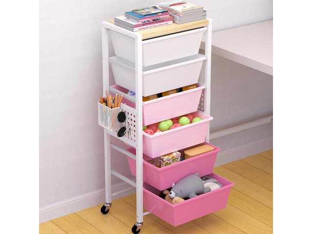 Rolling Cart with Drawers, Rolling Storage Cart with Large Plastic Drawers & Wooden Tabletop, Utility Cart with Pegboards & Basket, Storage Drawers...