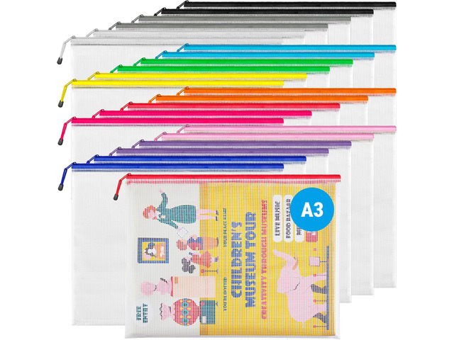 A3 Mesh Zipper Pouch, Extra Large Waterproof File Bags, 24 Pcs 12 Colors Waterproof Zipper Bags for Office Supplies, Puzzles, Board Games, School,...