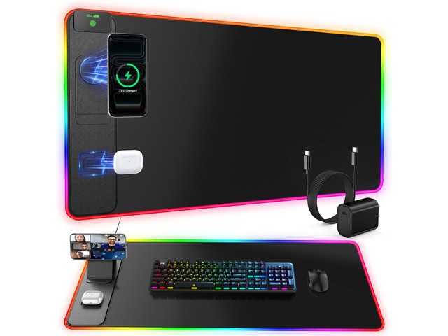 Wireless Charging Mouse Pad with Magnetic Phone Stand, 31.5'x15.8' Large Gaming Mousepad RGB Desk Mat, Smooth Glide, Stitched Edge, Non-Slip Rubber...