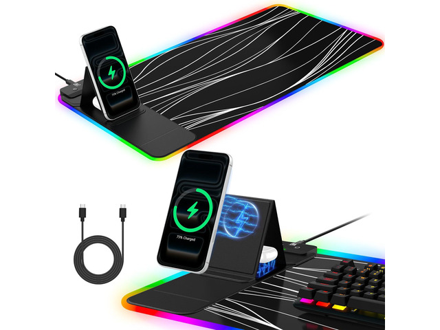 RGB Mouse Pad with Foldable Phone Stand Wireless Charger, 31.5'x11.8' XL Gaming Mousepad Large Desk Mat, Desk Pad with 11 Colors 5 Modes, Waterproof