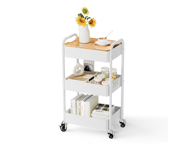 3-Tier Rolling Cart with Table Top, Metal Utility Cart on Wheels Sturdy Storage Organizer Cart with Lockable Wheels & Hooks for Craft, Office,...