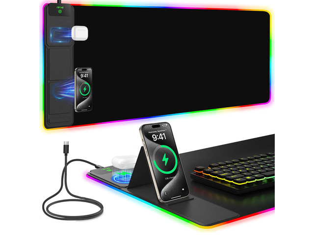 Mouse Pad with Foldable Phone Holder & Wireless Charger, XXL RGB Gaming Mousepad 31.5'x15.8' Large Desk Mat for Keyboard, Black Desk Pad with Dual...