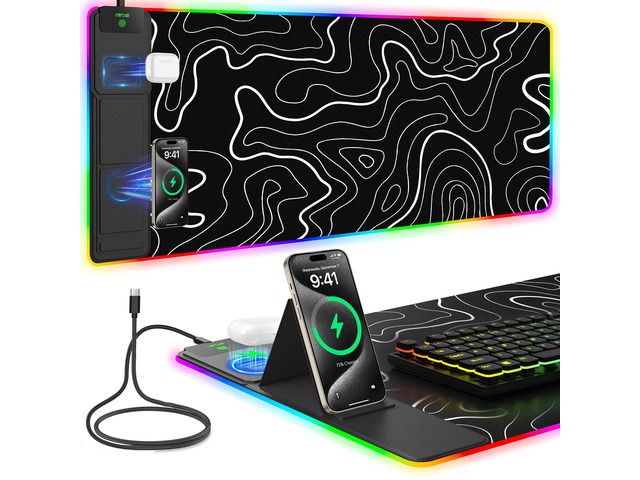 Mouse Pad with Foldable Phone Holder & Wireless Charger, XXL RGB Gaming Mousepad 31.5'x15.8' Large Desk Mat for Keyboard, Black Desk Pad with Dual...