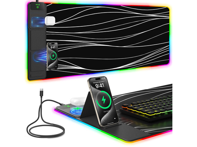 Mouse Pad with Foldable Phone Holder & Wireless Charger, XXL RGB Gaming Mousepad 31.5'x15.8' Large Desk Mat for Keyboard, Black Desk Pad with Dual...