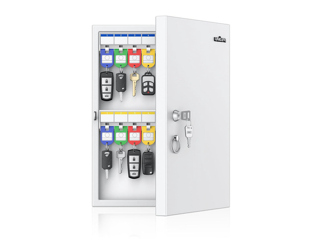 32 Position White Key Lock Box, Wall Mount Key Box, Car Key Organizer with Writable Key Racks and Tags, Security Key Cabinet, Car Key Holder...
