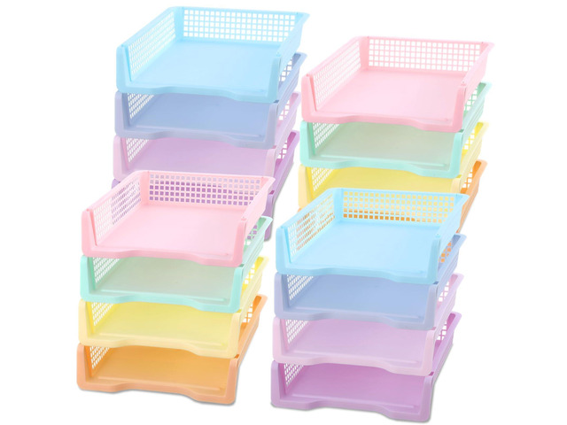 16 Pack Pastel Plastic Turn in Paper Trays for Classroom Storage Bin Basket Organizers for School Teacher Supplies Classroom Office Home...