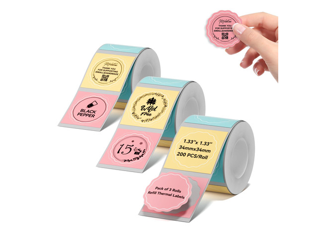 Round Colorful Labels - 3 Rolls x 1.34'' (34x34mm), Food, Personalized, Home/School/Office