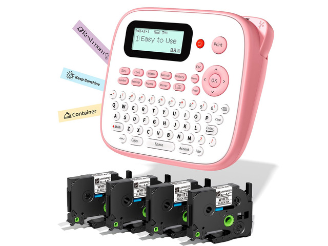 Pink Label Maker Machine with 4 Tapes Laminated Waterproof-Labels D210S Desktop Label Printer for Home Office Kids Teacher School Supplies,...