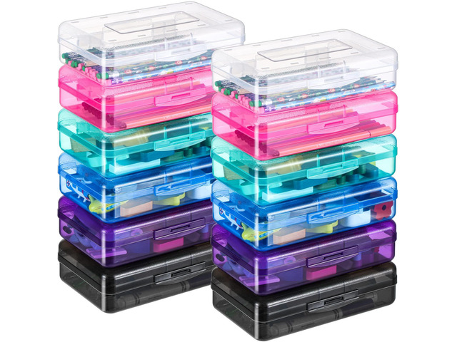 24 Pack Clear Plastic Pencil Box, Multicolor Stackable Organizer for School Supplies, Large Case for Crayons Markers, Snap-lid Keeps Stationery...