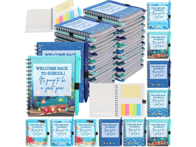 100 Pcs Welcome Back to School Gifts Bulk Spiral Notebooks Pens Notepads with Sticky Notes Motivational Pens, First Day of School Party Favor for...