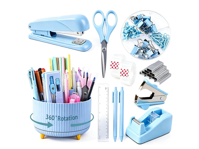 Blue Desk Organizers and Accessories with Desk Organizer 360° Rotating Pen Holder and Office Supplies, Cute Stationery Supplies Set