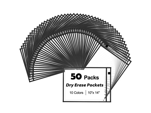 50-Pack Oversized Reusable Dry Erase Pocket Sleeves, 10x14 Ticket Holders, Clear Plastic Dry Erase Pockets, Teacher School Classroom Supplies, Black