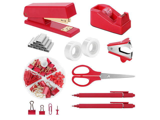 Red Office Supplies Set, Desk Accessories, Stapler, Tape Dispenser, Scissors, Binder/Paper Clips and 1000pcs Staples, Office Decor for Women