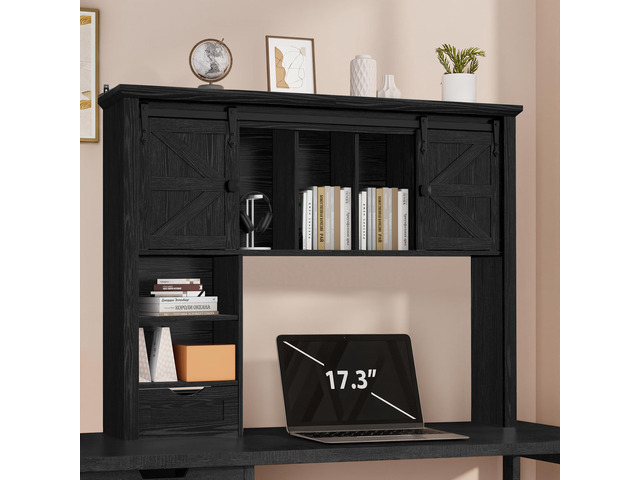 Large Desktop Bookshelf, 47.2' Desk Shelf with Sliding Barn Door Makeup Storage Rack Desktop Organizer Storage Rack with 7 Cubbies and Drawer Desk...