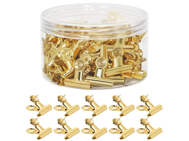 Golden Push Pins Clips (60 Pcs), Upgraded Thumb Tacks with Metal Clips for Cork Board, Bulletin Board Photos Notes Documents, No Hole Paper Clips...