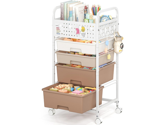 4 Drawer Rolling Storage Cart with Pegboard Top and Hooks, Brown Mobile Organizer Cart with Wheels for Office Supplies, Craft Storage, Classroom...