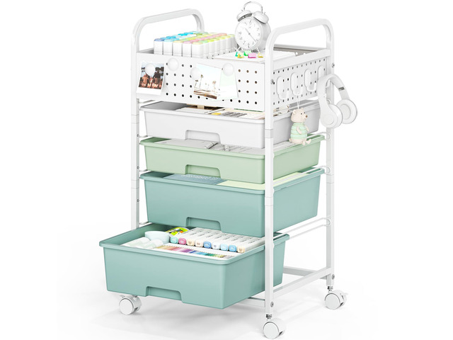 4 Drawer Rolling Storage Cart with Pegboard Top and Hooks, Gradient Green Mobile Organizer Cart with Wheels for Office Supplies, Craft Storage,...