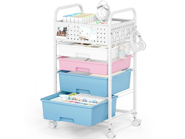 4 Drawer Rolling Storage Cart with Pegboard Top and Hooks, Pink & Blue Mobile Organizer Cart with Wheels for Office Supplies, Craft Storage,...