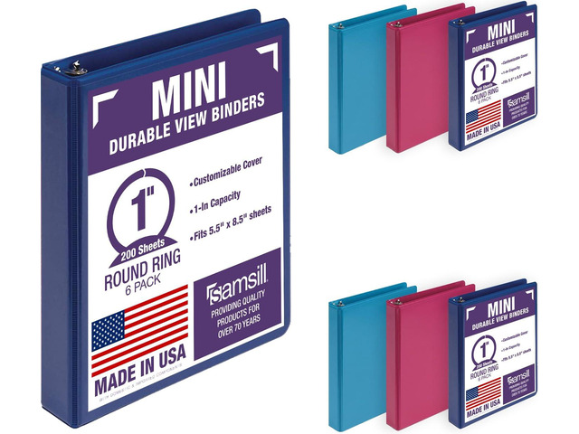 Economy 1 Inch Mini 3 Ring Binder, Round Ring Binder, Holds 5.5 x 8.5 Inch Documents, Customizable Cover, 1' View, 6-Pack, Assorted Fashion