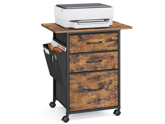3-Drawer File Cabinet, Mobile Printer Stand with Storage Filing Cabinet for A4 Letter Size, Side Pockets, 23.6 x 15.7 x 26.8 Inch, Rustic Brown,...