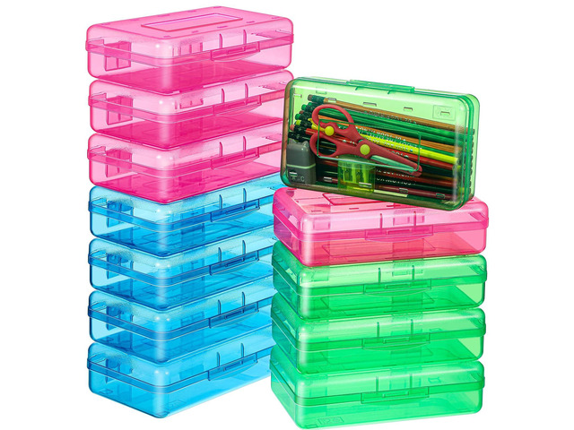 24 Pack Clear Plastic Pencil Box, Red, Blue, Green Stackable Organizer for School Supplies, Large Case for Crayons Markers, Snap-lid Keeps...